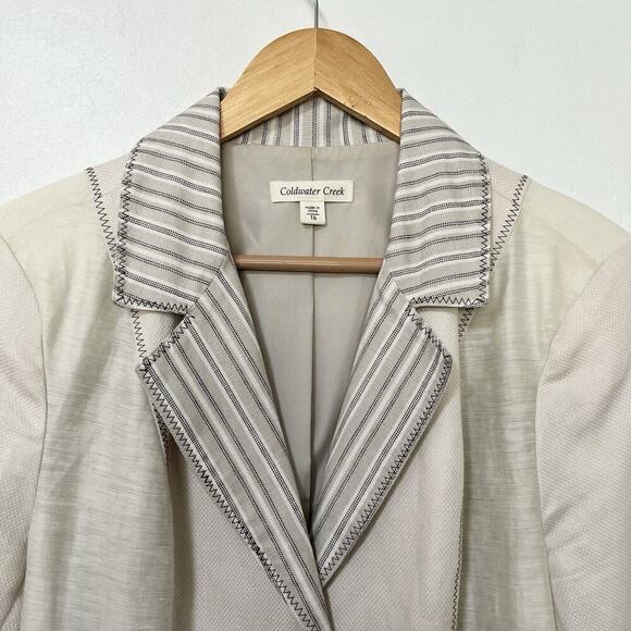 Coldwater Creek Linen Blend Mixed Media Blazer Size 16 Ivory Artsy‎ Coastal - Picture 7 of 10